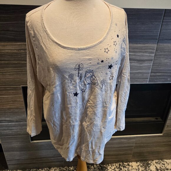 VØGLO Plus Size 1X Cozy Owl Star Graphic Long Sleeve Knit Tunic Top Pajama Tee - Picture 1 of 3